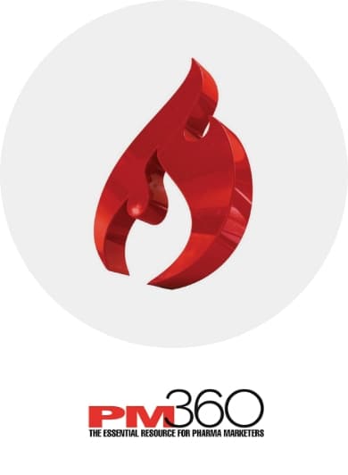 PM360 award which is a red flame that looks like it is cut from a piece of shiny metal