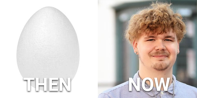 Comparing Application Develper Tanner Grimes from 1998 to now. Tanner wasn't born until years later, so he's represented as an egg.